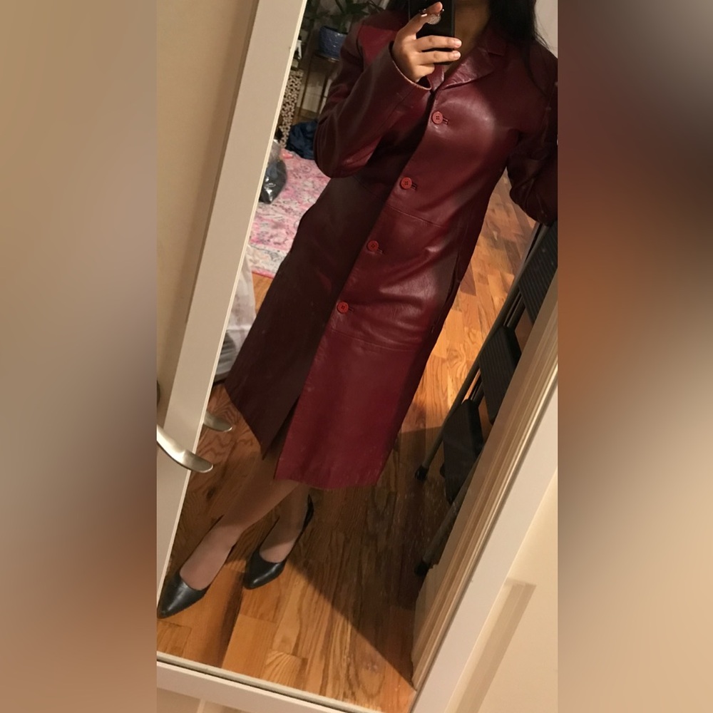 90s Burgundy Leather Coat - excellent condition, size S